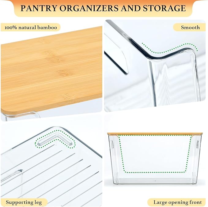2 Set Pantry Organizers and Storage - Kitchen Organizer with Bamboo Lid for Fruit, Onion, Potato, Vegetable - Clear Stackable Bins for Kitchen Cabinet, Refrigerator, Home Organization