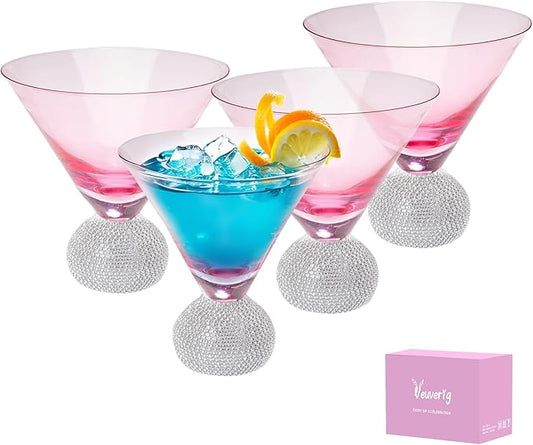 Martini Glasses Set of 4,Stemless Margarita Glasses,Unbreakable Crystal Fancy Cocktail Glasses,10 Oz Bar Glass,for Party,Birthday,Manhattan, Cosmopolitan, Home Bargifts Women (Silver Pink)