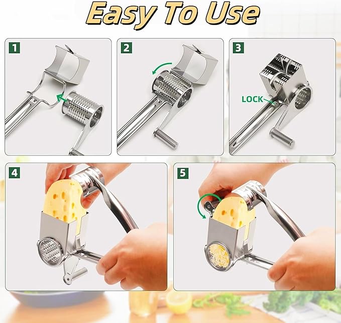 Cheese Grater, Multipurpose Stylish Design Kitchen Stainless Steel Rotary Cheese Grater Shred Tool