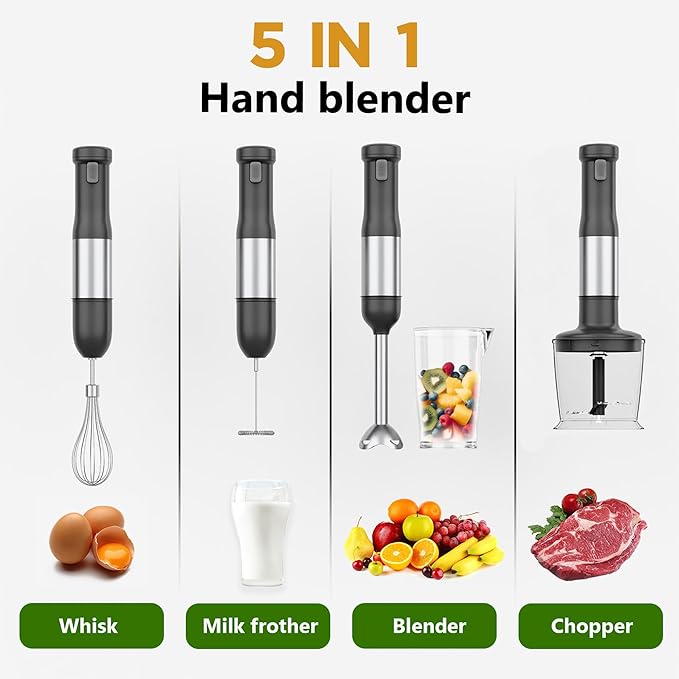 Cordless Immersion Hand Blender, 5-in-1 Variable Speed blender handheld,Rechargeable with 2000mAh Battery, BPA-Free & Dishwasher-Safe Accessories:700ml Beaker,Chopper,Whisk & Milk Frother,Grey