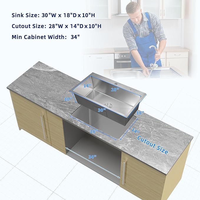Kitchen Sink 30x18x10 Topmount Single Bowl Drop-in Sinks 304 Stainless Steel Handmade Home Bar Outdoor RV Sinks Brushed