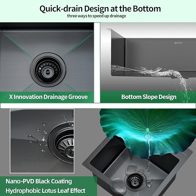 Drop In Kitchen Sink, 15 x 15 Inch Single Bowl Topmount Bar Prep Sink 16 Gauge T-304 Stainless Steel Gunmetal Black Kitchen Sinks