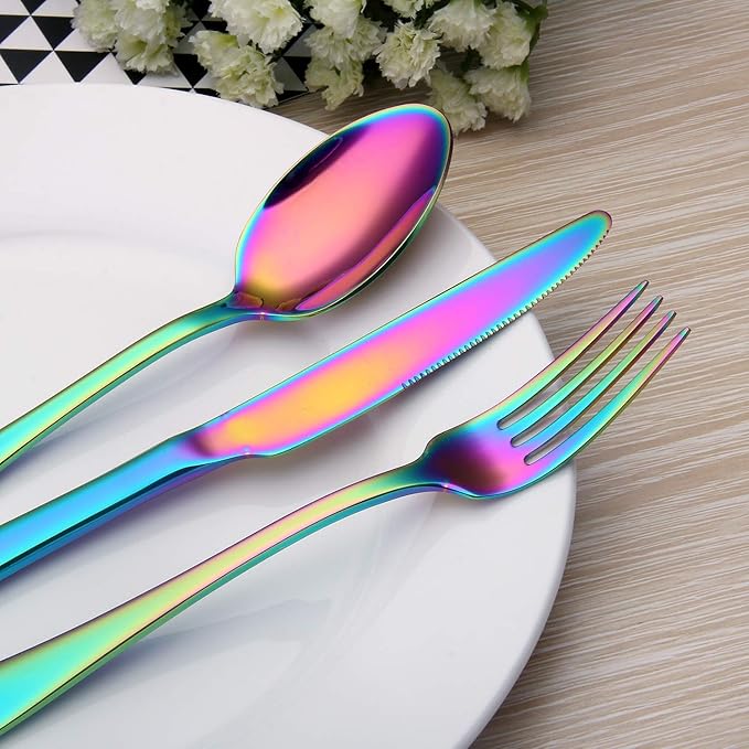 Rainbow Silverware Set,SHARECOOK 20-Piece Stainless Steel Flatware Set with Round Edge,Kitchen Utensil Set Service for 4,Dishwasher Safe (Multicolor)