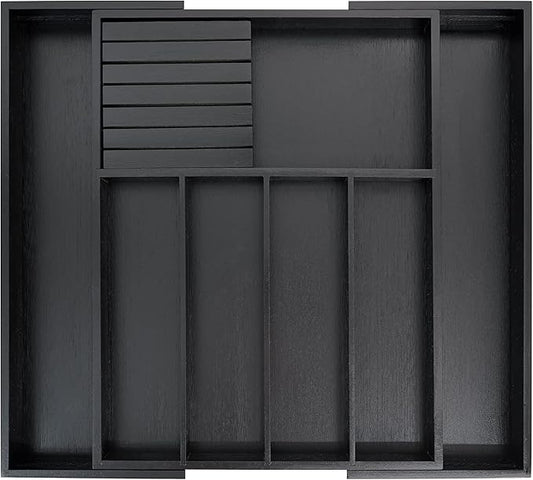 VaeFae Premium Bamboo Silverware Drawer Organizer Kitchen, Expandable Utensil Organizer with Knife Block, Cultery Tray with Divider for Flatware (Black)