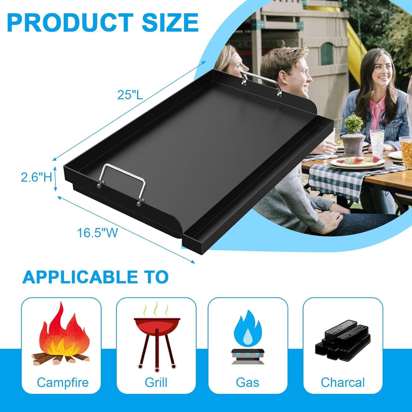 LS'BABQ Universal Flat Top Griddle for Gas/Electric/Charcoal Grills, 25" x 16.5" Nonstick Carbon Steel Cooking Griddle for Weber, Nexgrill, Charbroil, Camp Chef,Kenmore Skillet Plate Teppanyaki Insert