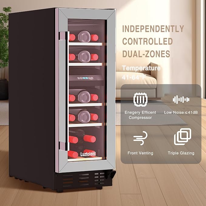 16-Bottle Wine Fridge, 12-Inch Compressor Cooler with Dual Zone, Built-in or Under Counter, 41-64F Digital Touchscreen, Triple-Layer Glass Wine Refrigerator for Home and Office