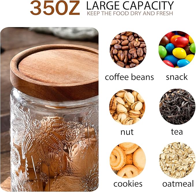 35oz/1000ml Glass Storage Jars with Nature Wood Lids, Airtight Food Storage Containers for Kitchen Organization, Large Capacity for Cookie, Pasta, Sugar, Flour, Cereal - Set of 2 （sunflower）