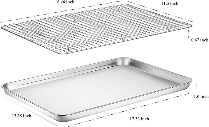 Baking Sheet with Cooling Rack Set [2 Sheets + 2 Racks], Deedro Stainless Steel Cookie Half Sheets Baking Pan Oven Tray with Rack, 17.3 x 12.3 x 1 Inch, Heavy Duty, Non-toxic, Dishwasher Safe
