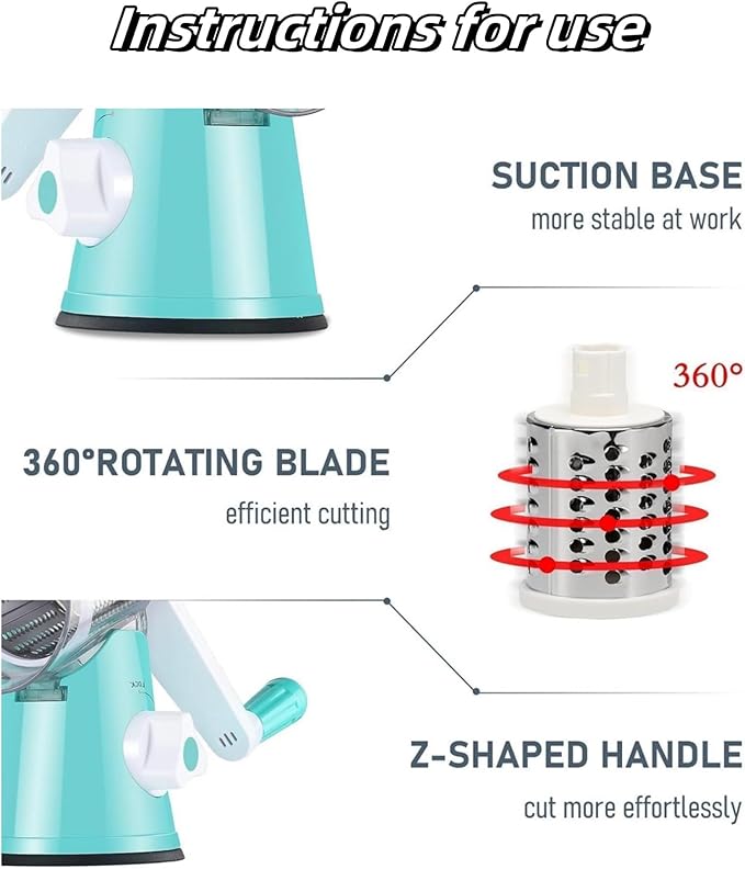 Rotary Cheese Grater Hand Crank, Grater For Kitchen With Reinforced Suction - Rotary Cheese Grater With 3 Replaceable Stainless Steel Blades - Easy to Use & Clean - Vegetable Cutter (White)