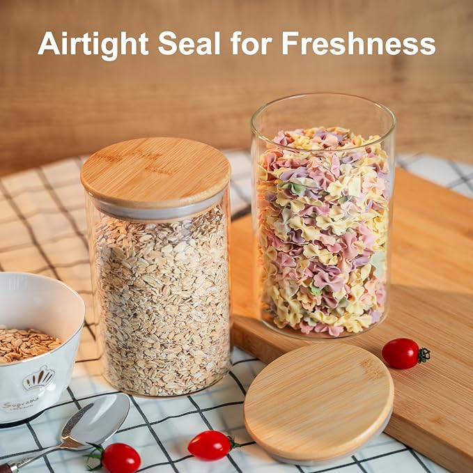 Glass Food Storage Jars Set of 8,26oz-Glass Storage Containers Clear Glass Food Canister with Bamboo Lid Airtight For Serving Tea, Coffee, Flour,Candy, Cookie, Spice(Round-80CMx150CM)