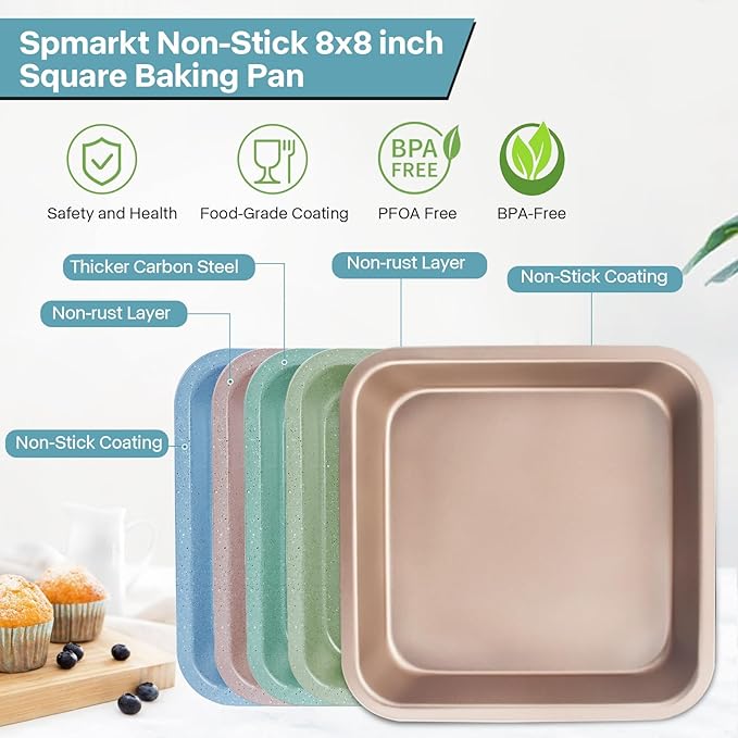 2-Pack 8 inch Square Baking Pan, Nonstick Square Brownie Pans, 8x8 Baking Pan, Square Cake Pan for Birthday Parties, Stackable 8×8 Cake Pan, Easy to Clean
