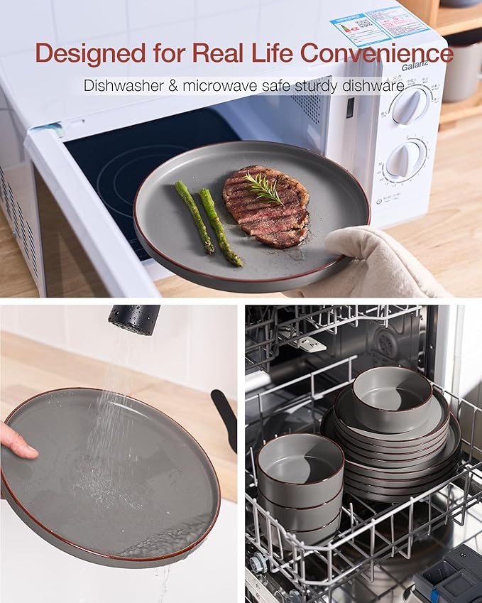 Famiware Nebula Ridge Stoneware Dinnerware Sets, Plates and Bowls Sets for 4, 12 Pieces Dishes Set, Microwave and Dishwasher Safe Kitchen Plates, Dark Gray