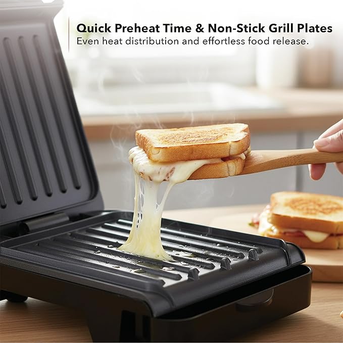 OVENTE 2-Serving Electric Indoor Grill & Panini Press with Easy Clean Non-Stick Plate Coating, Opens 180 Degrees, 8.15" x 7.4" Space Saving Design, 750W Contact Grill for Burgers & More, Black GP222B