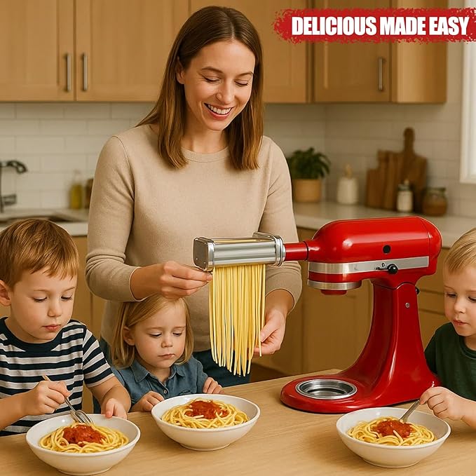 Pasta Maker Attachments Set for all KitchenAid Stand Mixer Included Pasta Sheet Roller （SU304）,8 Adjustable Thickness Settings Perfect for Spaghetti, Fettuccini, Lasagna or Dumpling Skin Silver