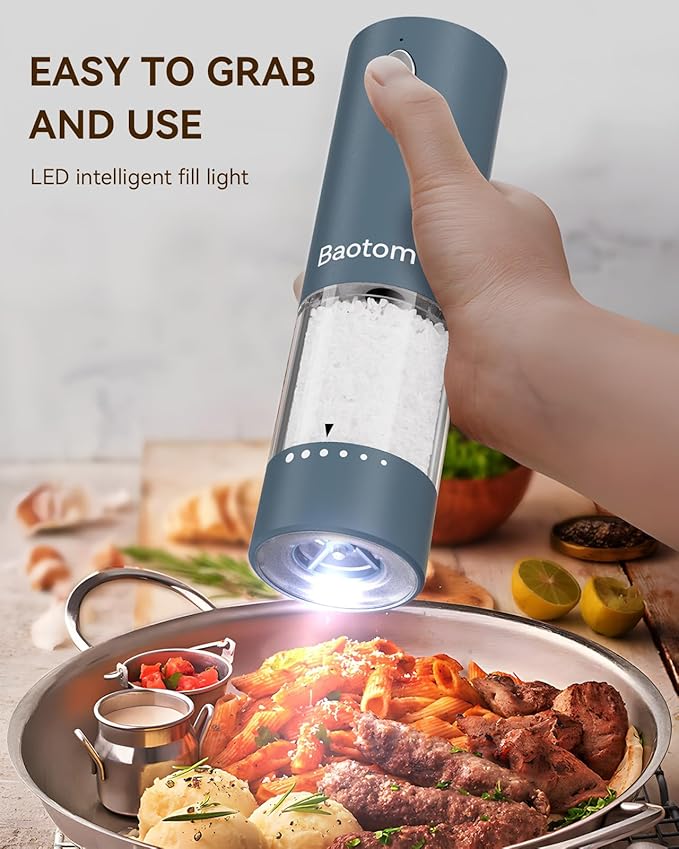 Electric Salt and Pepper Grinder Set with Dual Charging Base, 6 Adjustable Coarseness Levels & External Grind Settings, One-handed Operation Salt and Pepper Mills with LED Light, Blue