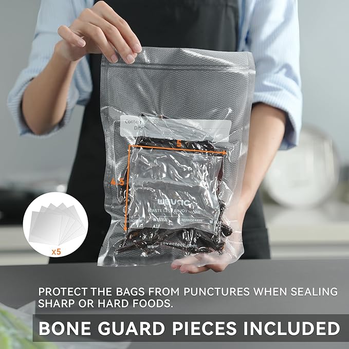 Wevac 8" x 12" Precut Vacuum Sealer Bags, 200 Count, Includes 5 Liquid Block Bags & 5 Bone Guard Pieces, Heavy Duty for Food Storage, Sous Vide & Meal Prep