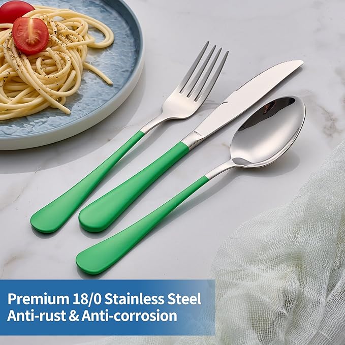20-Piece Green Silverware Set, 18/0 Stainless Steel Green Handle Flatware Set, Service for 4, Modern Cutlery Set Includes Dinner Knives Forks Spoons, Mirror Polished, Dishwasher Safe
