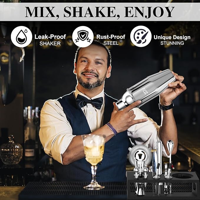 IOV Mixology Bartender Kit with Stand | 12-Piece Cocktail Shaker Set | 24oz Martini Shaker Set for Drink Mixing | Bar Set Includes All Bar Tools and Recipe Booklet | Fun Housewarming Gift (Silver)
