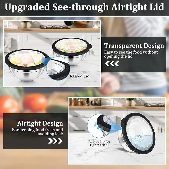 P&P CHEF Mixing Bowls with Visible Airtight Lids Set of 5, 10-Piece Stainless Steel Mixing Nesting Bowl, Metal Bowl with Lid for Kitchen Prepping & Storing, Size 4.6, 3, 1.5, 1, 0.7 QT, Black