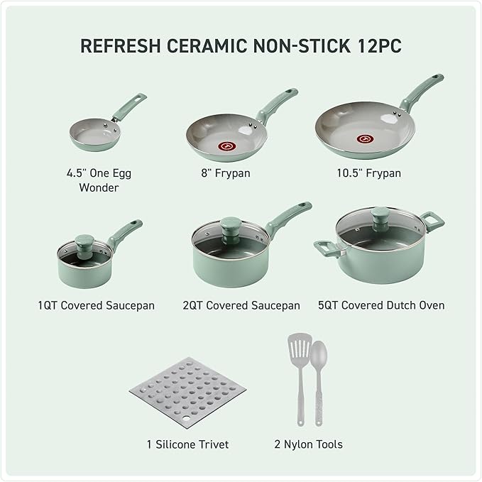 T-Fal Refresh Ceramic Nonstick Cookware Set, Oven Safe Up to 350ºF, 12-Piece, Includes Stockpot, Griddle, Frying Pans, Utensils, Ceramic Pots and Pans Set, Mint Green