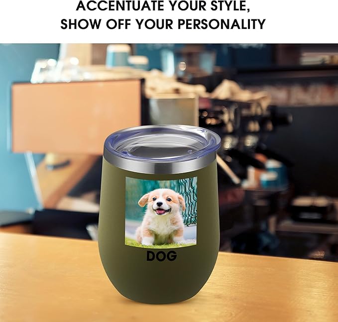 Personalized Custom Wine Tumbler Print in USA 12oz Stainless Steel Travel Coffee Cup with Lid & Straw Double Wall Insulated Mug with Colorful Text Logo Photo