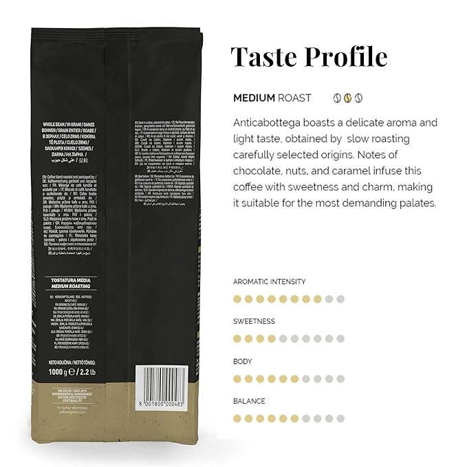 Caffe Vergnano 1882 Antica Bottega Whole Bean Arabica Medium Roast Espresso, 2.2 lbs Bag - Italian Coffee Beans with notes of Chocolate, Nuts & Caramel, Intensity 5/10-1000g Bag