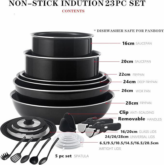 23 Pieces Non-Stick Cookware Set,Stackable Pans and Pots Set with Removable Handles, Space Efficient for RVs and Camping,Oven,Induction,Gas,Electric & Stovetops,Dishwasher Safe