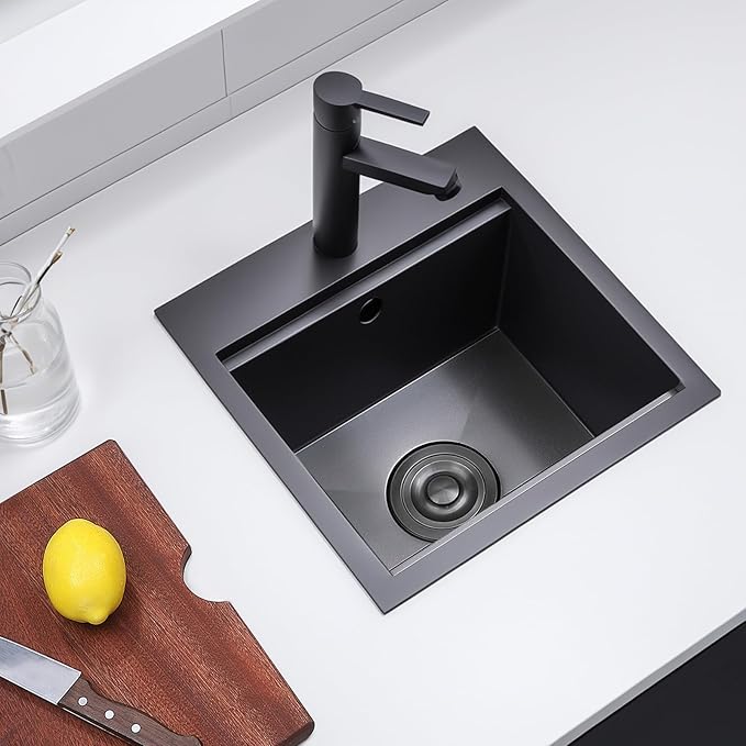 Black Bar Sink Drop In,15 x 15 Inch Gunmatel Black Single Bowl Small Kitchen Sinks,16 Gauge 304 Stainless Steel Topmount Wet Bar Sink Prep Sinks With Grid&Drain&Cutting Board