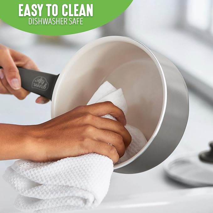 GreenLife Soft Grip 1QT and 2QT Saucepan Set, Healthy Ceramic Nonstick, Non Toxic PFAS & PFOA-Free, Dishwasher Safe, Glass Lids, Stay-Cool Handles, Easy Clean Cookware, Kitchen Essentials, Gray