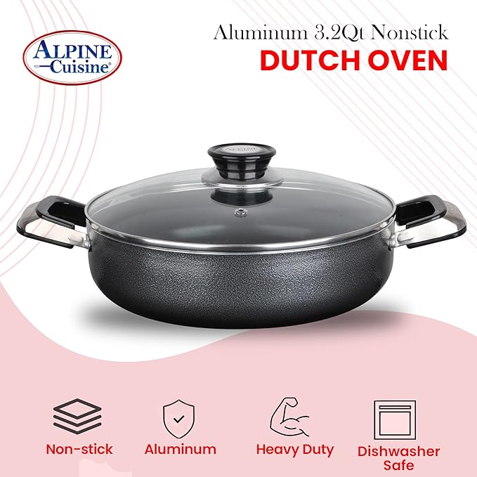 Alpine Cuisine 3.2 Quart Non-stick Caldero Stock Pot with Tempered Glass Lid and Carrying Handles, Multi-Purpose Cookware Aluminum Low Pot Dutch Oven for Braising, Boiling, Stewing