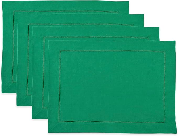 Solino Home Linen Cloth Placemats Set of 4-100% Pure Linen Hemstitch Emerald Green Placemats 14 x 19 Inch - Classic Hemstitch Table Place Mats for Christmas