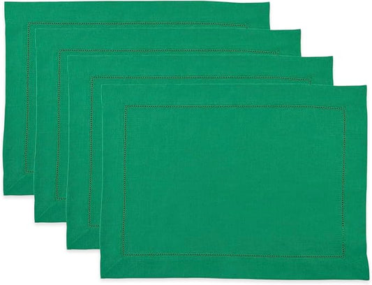 Solino Home Linen Cloth Placemats Set of 4-100% Pure Linen Hemstitch Emerald Green Placemats 14 x 19 Inch - Classic Hemstitch Table Place Mats for Christmas