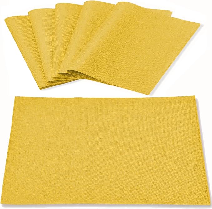 Linen Fabric Placemats Set of 6, Machine Washable, Heat Resistant, Wrinkle Free, Thick Polyester Kitchen Place Mats for Dining Table (Yellow)