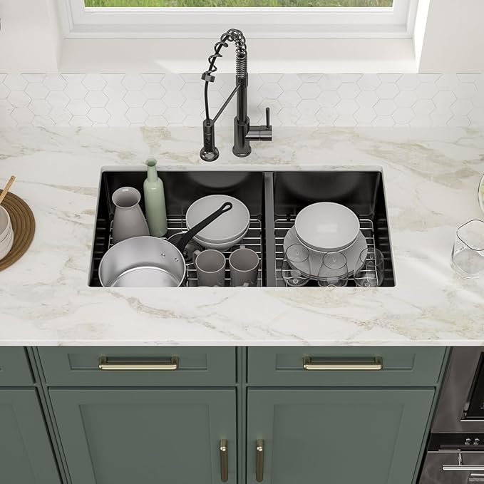 Logmey 33x19 Gunmetal Black Undermount Double Sink - 60/40 Double Bowl Stainless Steel Sink