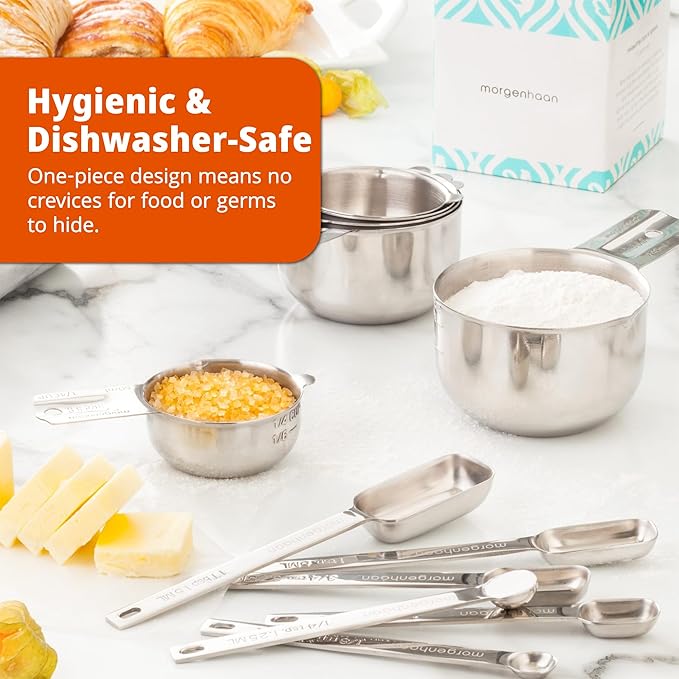 Heavy-Duty 304 Stainless Steel Measuring Cup Set (18-Piece) - Stackable, Dual Metric/US, Long & Narrow Spoons for Spice Jars + 5 Mini Spoons