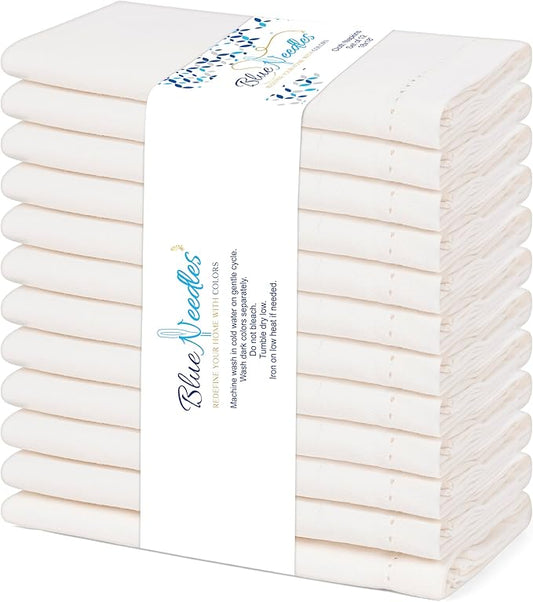 Blue Needles Set of 12 Hemstitch Linen Napkins 100% Cotton Cream Cloth Dinner Napkins 18x18 inches, Soft, Reusable, Absorbent, Washable, Ideal for Fall Thanksgiving Events, Parties & Everyday Use