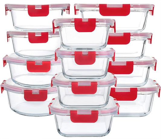 24-Piece Glass Food Storage Containers with Locking Lids,Glass Meal Prep Containers Set - Airtight Lunch Containers, Microwave, Oven, Freezer and Dishwasher, Red