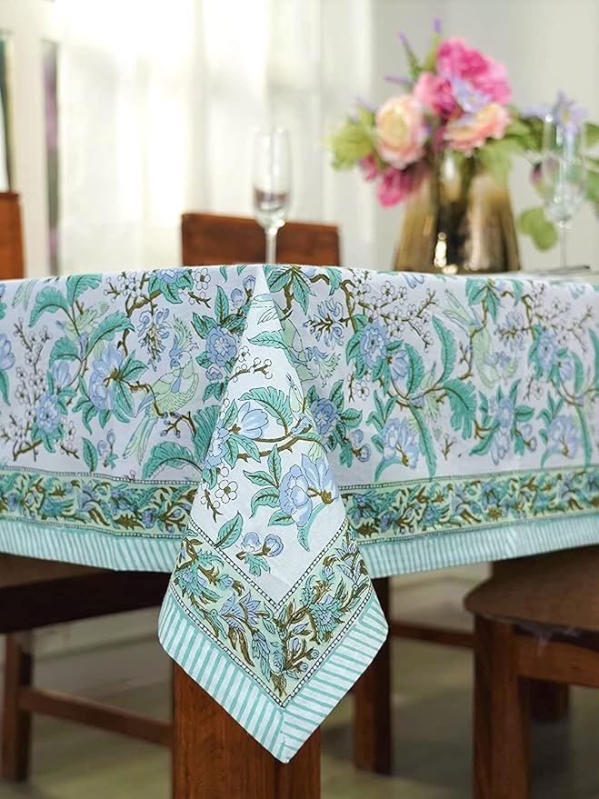 Ridhi Sage and Russian Green Hand Block Print Cotton Rectangle Tablecloth 190 x 72 inch-Reusable Table Cover Decorative Everyday Use for Dining Room, Farmhouse, Thanksgiving, Christmas Wedding, Fall