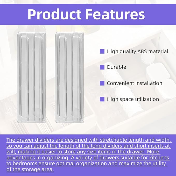 4 pcs Invisible Drawer Divider 10-20'' Adjustable Drawers Organizers for Kitchen Utensils, Bedroom, Dresser, Office Organization and Storage