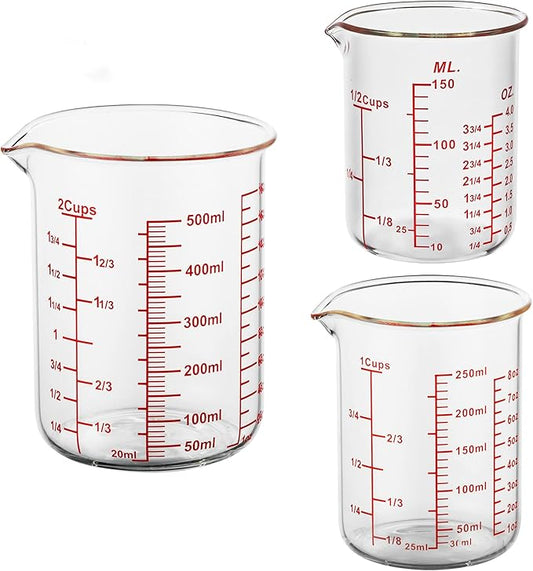 3 Piece Glass Measuring Cup Set, Includes 1/2-Cup, 1-Cup, and 2-Cup High Borosilicate Glasss Liquid Measuring Cups, Dishwasher, Freezer, Microwave, and Preheated Oven Safe, Essential Kitchen Tools