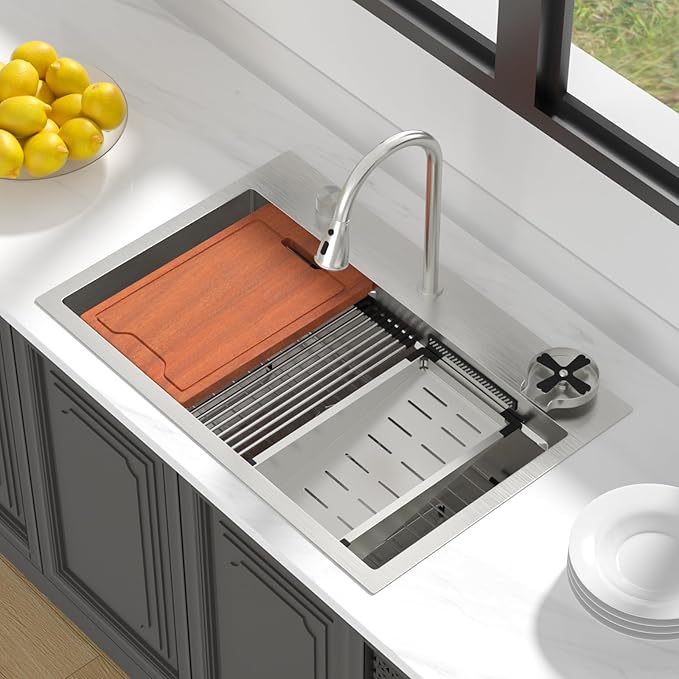 Lordear 33 Watefall Kitchen Sink 33x22 Drop In Kitchen Sink Stainless Steel 16 Gauge Single Bowl Multifunctional Workstation Sinks with Built-in Accessories,Split Faucet Style