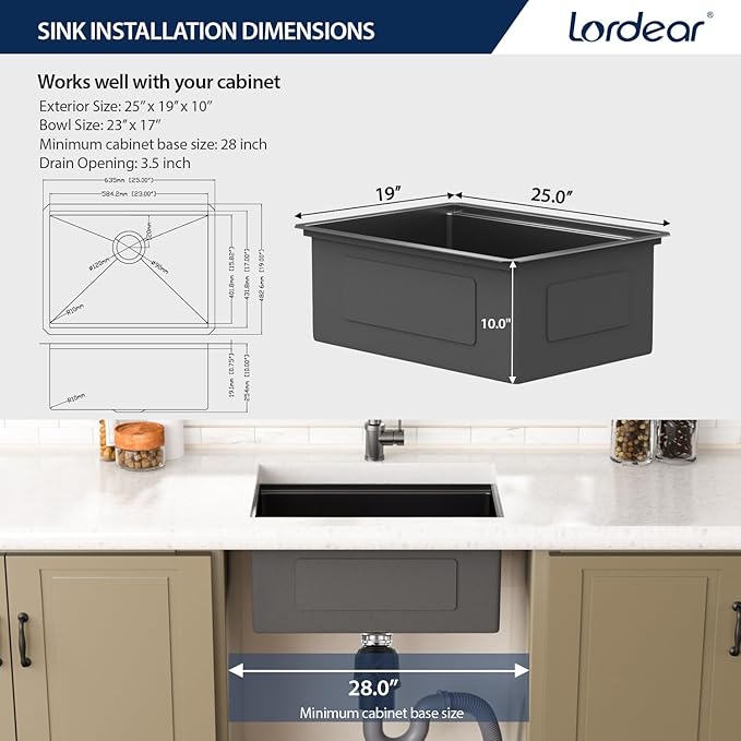 Lordear 25 Inch Black Kitchen Sink Undermount Kitchen Sink Workstation 25x19x10 Gunmetal Black 16 Gauge Stainless Steel Single Bowl
