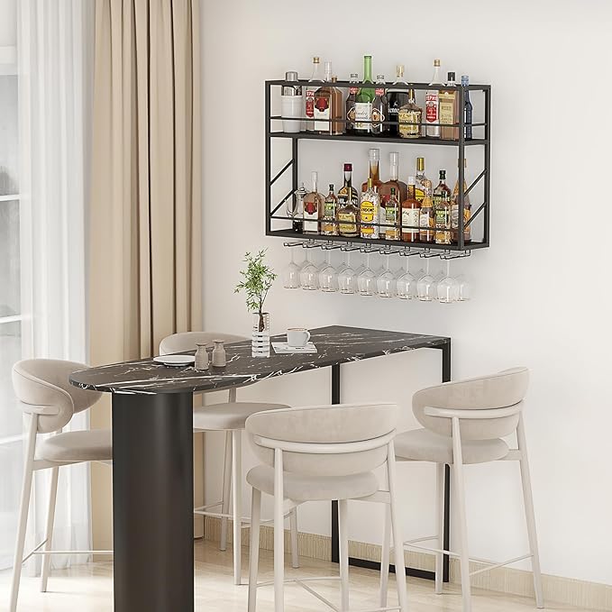Wall Mounted Wine Rack 2 Tier, Metal Bar Liquor Shelves and Glass Holder,Wall Bar Shelf Wine Display Storage Holder for Home Bar, Dining Room, Kitchen(31.4×7.8×26in)