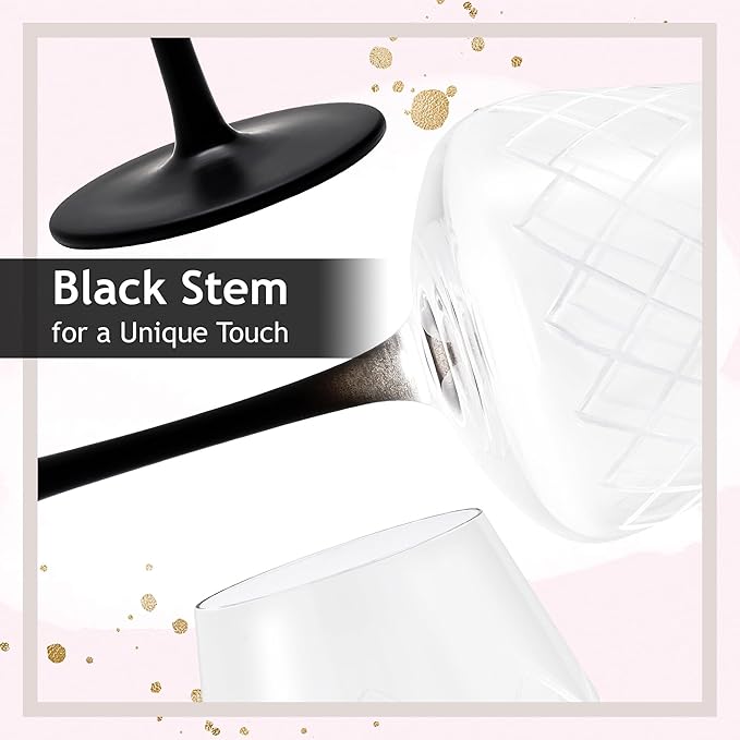 MIAMIO Premium Crystal Wine Glasses, Set of 4 with Black Long Stem Crystaluna Collection (Red Wine)