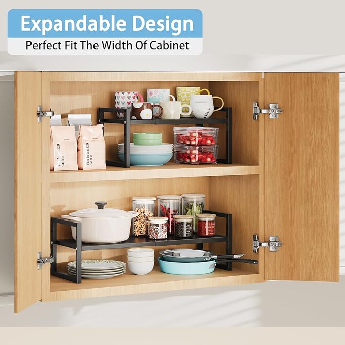 2 Pack Expandable Kitchen Cabinet Shelves Organizer,Heavy Duty Metal Shelving Units and Storage,Stackable Adjustable Kitchen Storage Organization Shelves Rack for Counter Cupboard Pantry,Length:20.5"