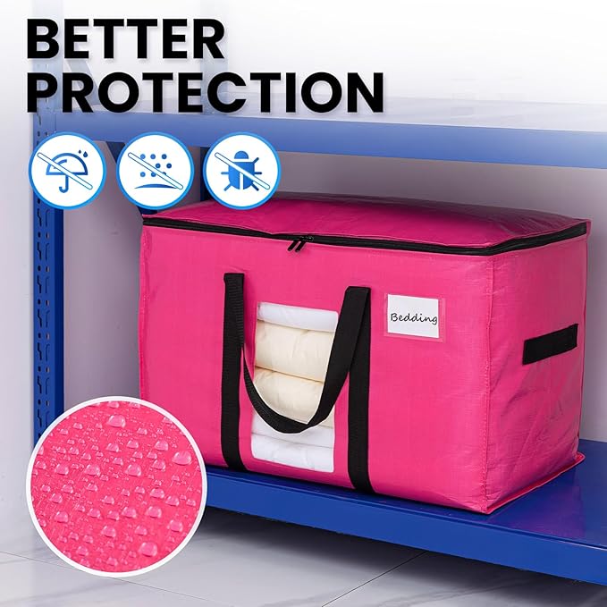 TAILI 2 Pack Pink Extra Large Moving Bags, Heavy Duty Totes with Visible Window, Wrap Around Handles, Space-Saving Storage, Alternative to Moving Boxes