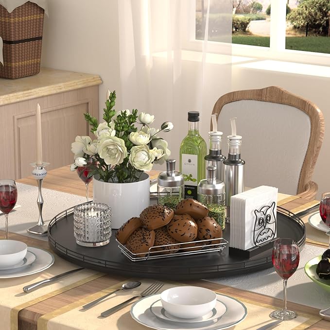 24" Oak Wooden Lazy Susan Turntable for Dining Table, Extra Large Round Lazy Susans Organizer for Kitchen Countertop Charcuterie Boards Cheese Board Organization and Storage Black Home Decor