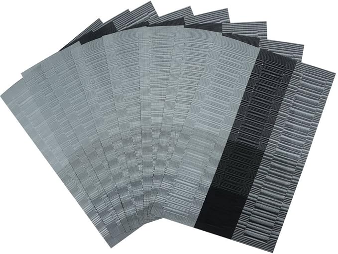 SHACOS Woven Vinyl Placemats for Dining Table Set of 6 Non Slip PVC Bamboo Basket Weave Table Place Mats (6, Ombre Black Gray)