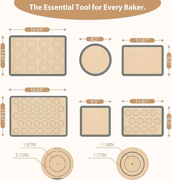 Silicone Baking Mat Set of 6, Silicone Mats for Baking, Baking Sheets Non Stick for Macaron, Cookie, Pizza, Bread and Pastry, Baking Supplies for Oven, Food Grade Reusable