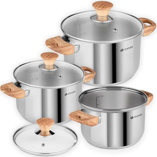 Daniks Oslo 6-Piece Stainless Steel Induction Cookware Set – Dishwasher Safe Pots with Heatproof Handles, Glass Lids, Silver